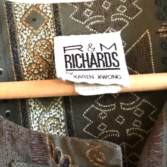 R&M Richards 70s Asian Blouse: Lightweight Tunic Olive Green Gold Size 12 Petite - Picture 4 of 8